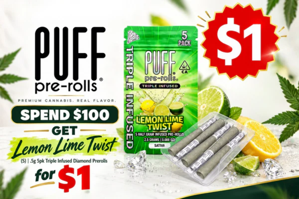 Spend $100 Get Puff Lemon Lime Twist 5pk Prerolls for $1