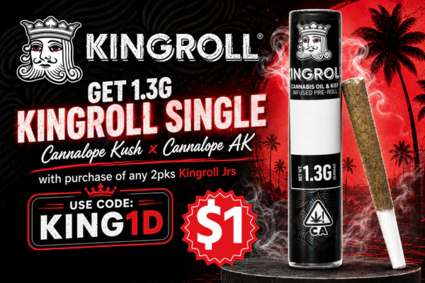 Get 1.3g Kingroll Single - Cannalope Kush x Cannalope Ak, with purchase of any 2pks Kingroll Jrs