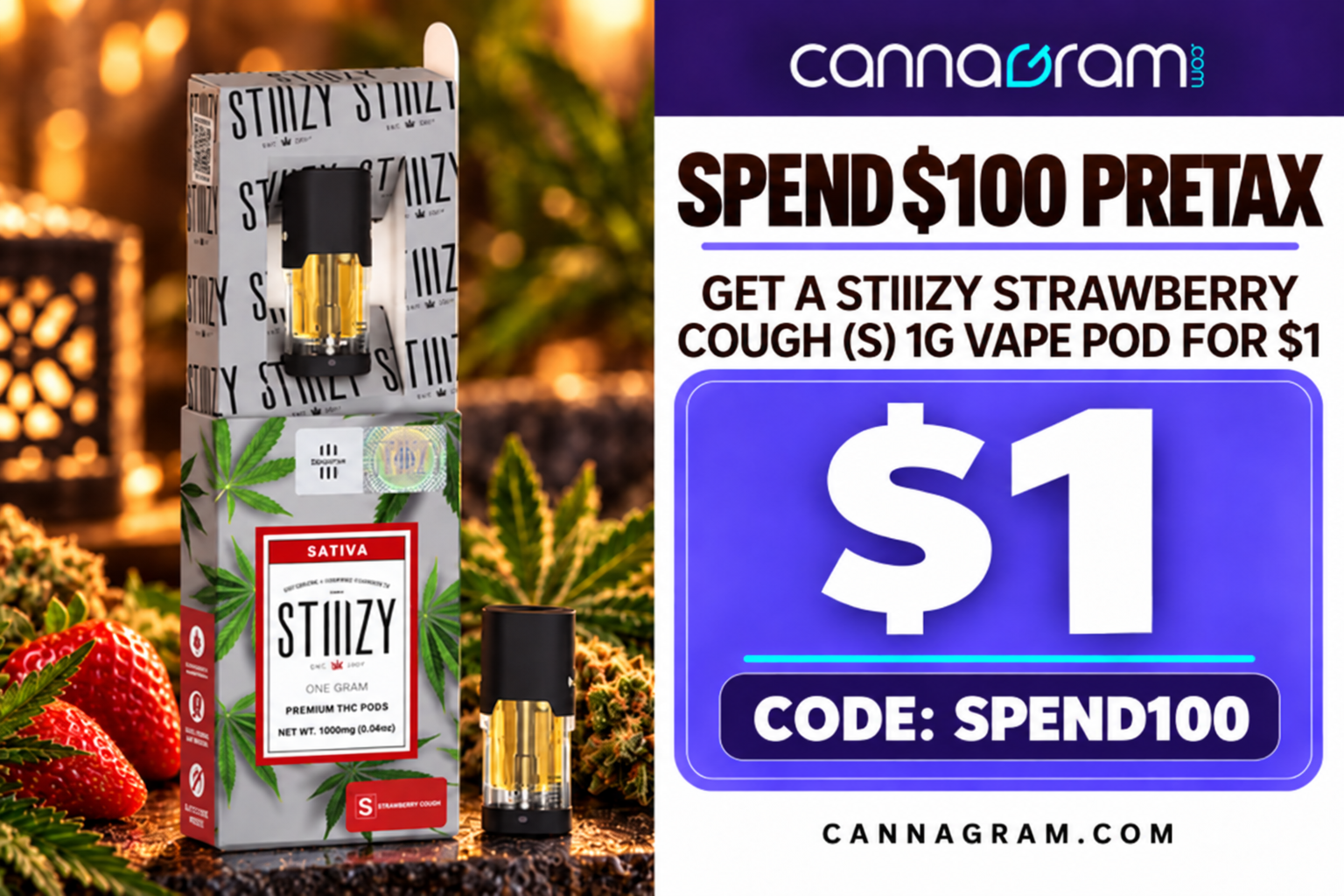 Spend $100 PRETAX, Get a Stiiizy Strawberry Cough 1g Vape Pod for $1 Promotion codes and auto-applied deals work when all qualifying items and conditions are met. Be sure to add all required items, meet any order minimums, and include promo units. If you have questions or run into issues, contact dispatch by call/text or leave an order note before submitting.