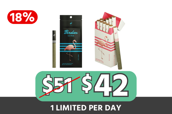 Bundle Description:  Mix, match, and save with the Birdies Classic + Ultra Preroll Bundle — $42 and save $9 (18% off). Choose 1× Birdies Classic 10-Pack Prerolls plus 1× Birdies Ultra 3-Pack Prerolls from the available selection for one simple, fixed bundle price. It’s a complete Birdies preroll stock-up deal combining classic favorites with a premium Ultra option for better value than buying separately. Limited-time bundle while supplies last.