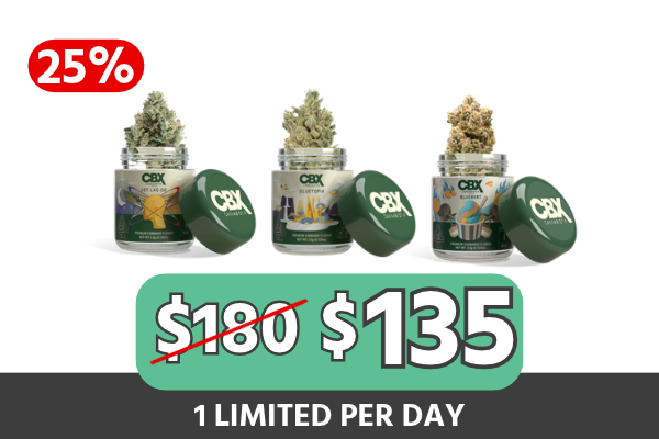Bundle Description: Mix, match, and save with the CBX 8th Trio — $135 and save $45 (25% off). Choose any 3× CBX 3.5g 8ths from Gluetopia (H), Jet Lag OG (I), Cakewalk (H), or Bluebert (I) and build your preferred premium flower lineup for one simple, fixed bundle price. Limited-time bundle while supplies last.