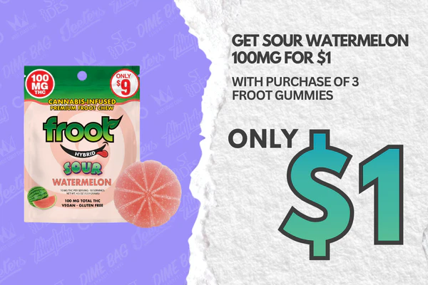 Get Sour Watermelon 100mg for $1 with purchase of 3 Froot gummies (Limit 1 per order)
