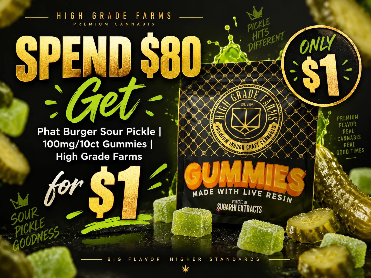 Spend $80 PRETAX → Get Phat Burger Sour Pickle 100mg/10ct Gummies | High Grade Farms for $1