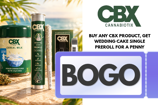 Buy any CBX Product, Get Wedding cake single preroll for a penny Promotion codes and auto-applied deals work when all qualifying items and conditions are met. Be sure to add all required items, meet any order minimums, and include promo units. If you have questions or run into issues, contact dispatch by call/text or leave an order note before submitting.