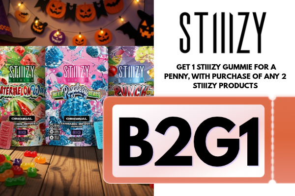 Get 1 Stiiizy Gummie for a penny, with purchase of any 2 stiiizy Products  Promotion codes and auto-applied deals work when all qualifying items and conditions are met. Be sure to add all required items, meet any order minimums, and include promo units. If you have questions or run into issues, contact dispatch by call/text or leave an order note before submitting.