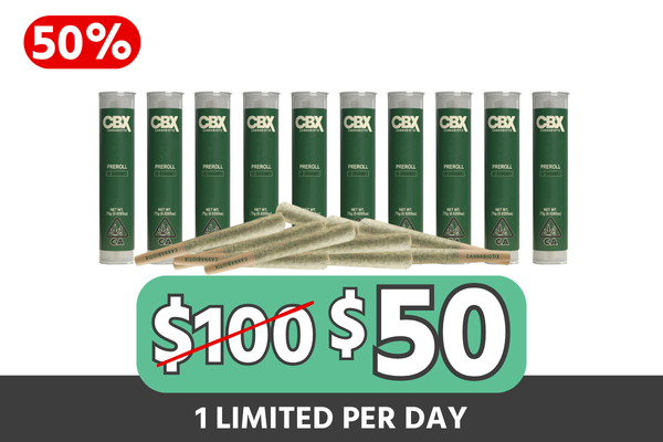 Bundle Description:
Get twice the prerolls for a fraction of the price with the CBX Preroll Mega Mix & Match — 10 for $50 and save $50 (50% off). Mix and match any 10 CBX prerolls for the price of 5—perfect for stocking up, trying multiple strains, and building a full preroll lineup in one easy bundle. Limited-time deal while supplies last.