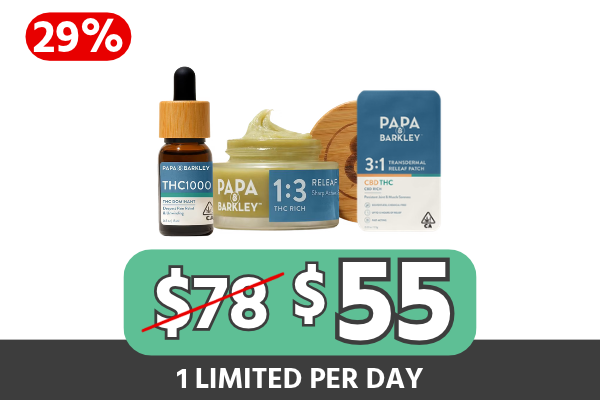 Bundle Description: Stock up on everyday wellness essentials with the Papa & Barkley Releaf Kit — $55 and save $23 (29% off). This fixed-price bundle includes 1× Releaf THC1000 Tincture, 1× 5ml Releaf Balm, and 1× Releaf Patch for a complete Papa & Barkley wellness lineup in one convenient deal. Limited-time bundle while supplies last.