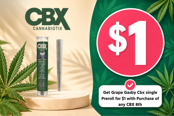 Get Grape Gasby Cbx single Preroll for $1 with Purchase of any CBX 8th (Limit 1 per order)er)