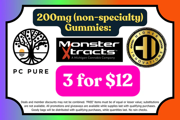 PC PURE, MONSTER XTRACTS & HIGHER INNOVATIONS 200mg Gummies (excludes Specialty & Blasternauts):  3 for $12