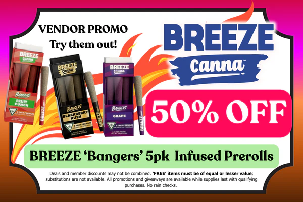BREEZE 5pk. Bangers Infused Prerolls (includes Resin): 50% OFF