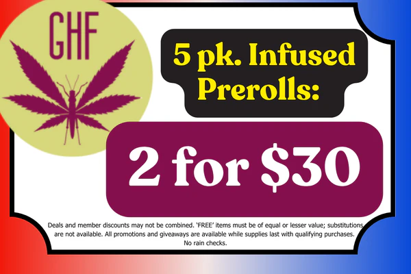 GRASSHOPPER FARMS 5 Pack Infused Prerolls:  2 for $30